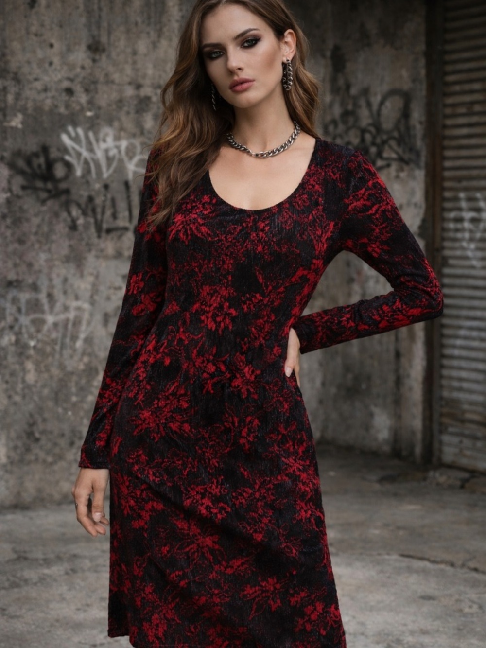 Anthro HD in Paris Black Red Floral Velvet Dress Long Sleeve Dark Romance Small